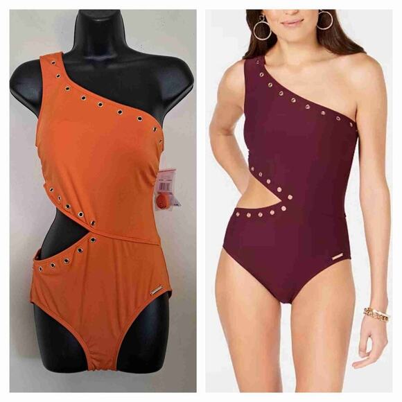MICHAEL Michael Kors One Shoulder Studded Cutout Swimsuit Size 10 - Picture 1 of 10